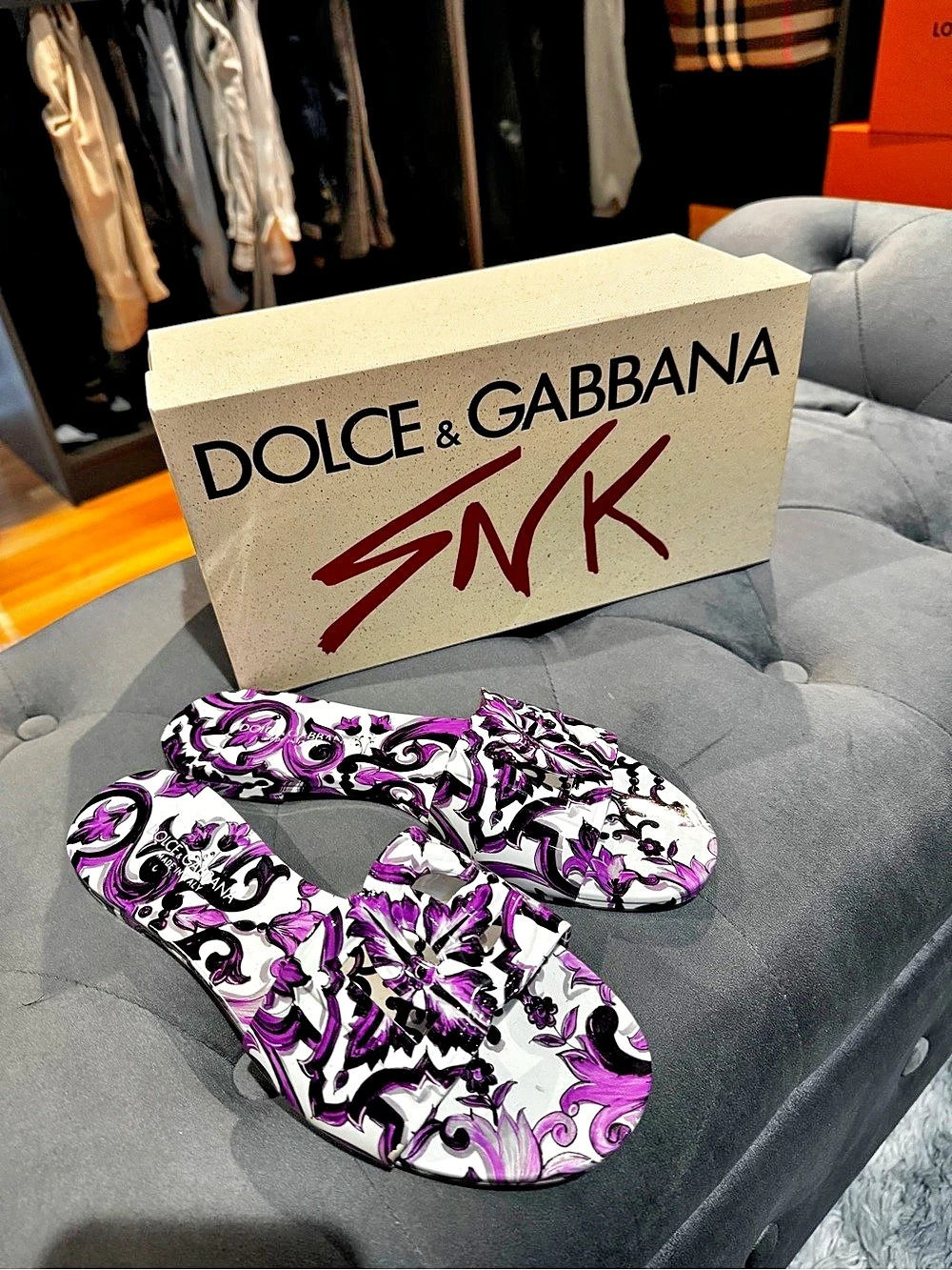 Dolce & Gabbana Maiolica Print Slide Sandals Purple & White